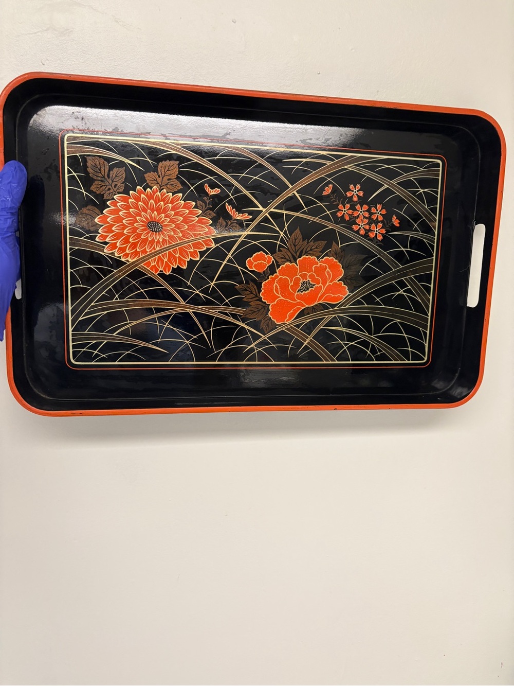 Vintage MCM Japanese Lacquerware Tray Orange Chrysanthemums and Peonies - Eatons